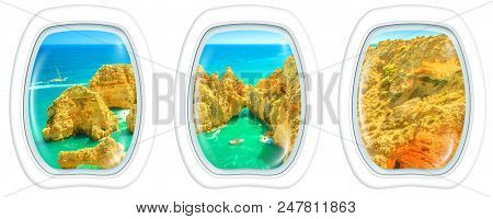 Porthole Frame Windows Interior Flying On Ponta Da Piedade In Lagos, Algarve, Portugal. Scenic Fligh