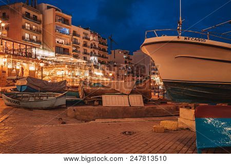 June 10, 2018. Valletta, Malta. Beautiful Night Evening In The Docs With Small Restaurants And Cafes