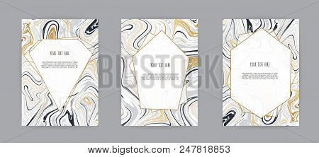 Set Of Elegant Card, Background. Black And Golden Marble Texture. Vector Illustration