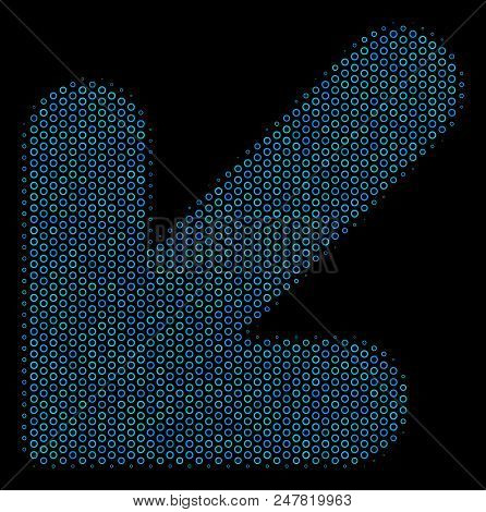 Halftone Arrow Down Left Collage Icon Of Spheres In Blue Color Tones On A Black Background. Vector B
