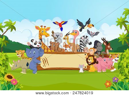 Cartoon Wild Animals Holding Banner Cheerfull Happy