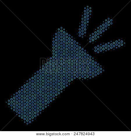 Halftone Electric Torch Light Composition Icon Of Spheric Bubbles In Blue Color Hues On A Black Back