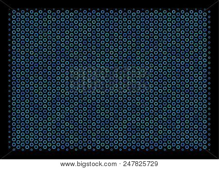 Halftone Filled Rectange Collage Icon Of Spheric Bubbles In Blue Color Tinges On A Black Background.