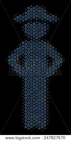 Halftone Gentleman Akimbo Mosaic Icon Of Spheric Bubbles In Blue Color Hues On A Black Background. V