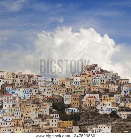Panoramic view of old tradition village Olympos in Karpathos island, Dodecanese Greece