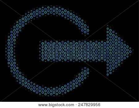 Halftone Logout Composition Icon Of Empty Circles In Blue Color Tones On A Black Background. Vector 