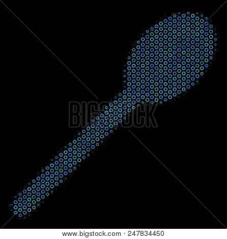 Halftone Spoon Composition Icon Of Empty Circles In Blue Color Tinges On A Black Background. Vector 