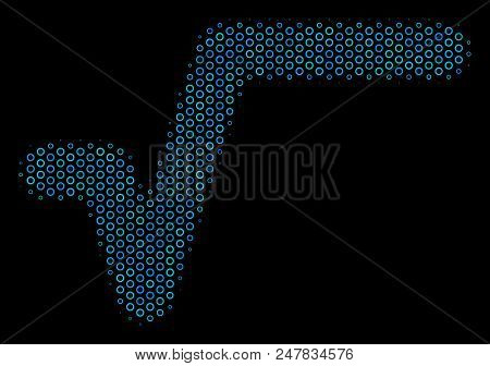 Halftone Sqrt Mosaic Icon Of Circle Bubbles In Blue Color Tinges On A Black Background. Vector Circl