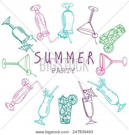 Colorful Flyer For Summer Party. Hand Drawn. Invitation In Night Club. Invitation To Beach Party. Co