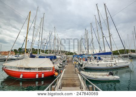 Vrsar, Croatia - May 22, 2018: Harbor With Yachts Of Coastal Town Vrsar, Croatia. Vrsar - Beautiful 