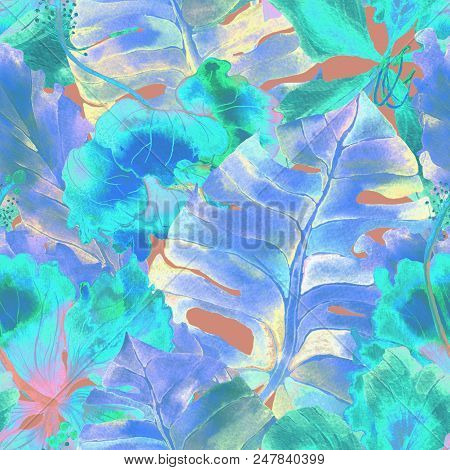 Vacation Pattern. Watercolor Tropic Flowers And Monstera Leaves. Palm And Hibiscus Plants In Seamles