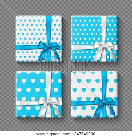 Set Of 3d Gift Boxes With Realistic Bow In White And Blue Colors. Dotted And Hearts Pattern. Decorat