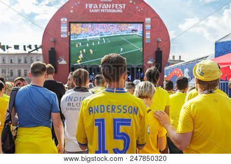 St. Petersburg, Russia - June 18, 2018: Supporters Of Sweden National Football Team Watching Game Ma