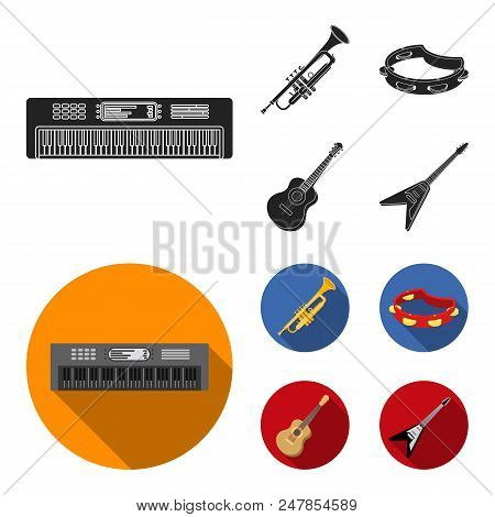 Electro Organ, Trumpet, Tambourine, String Guitar. Musical Instruments Set Collection Icons In Black
