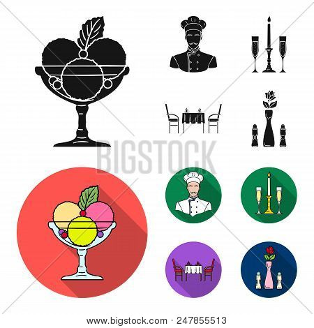 Ice Cream With Fruit, Chef, Candle And Glasses, A Covered Table.restaurant Set Collection Icons In B