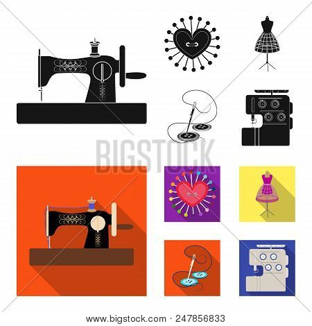 Needle And Thread, Sewing Machine, Pincushion, Dummy For Clothing. Sewing And Equipment Set Collecti