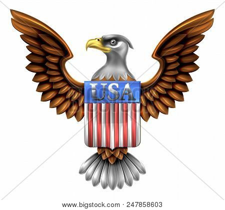 American Eagle Design With Bald Eagle Of The United States With American Flag Shield Reading Usa