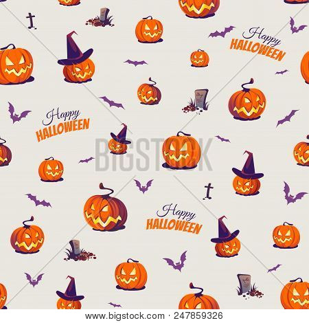 Seamless Halloween Pattern With Pumpkins And Bats On Light Background.