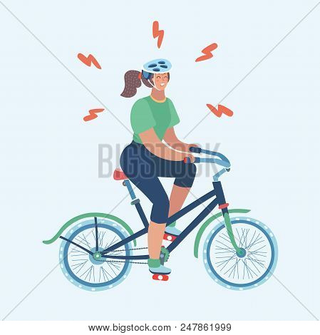 Vector Cartoon Illustration Of Woman On Bicycle. Female On Exercise Bike In Gym. Annoyed Girl Hard T
