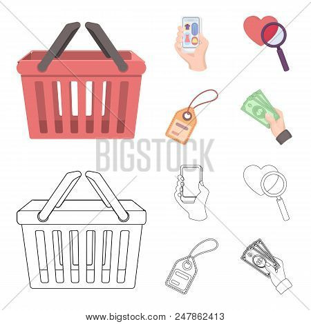 Hand, Mobile Phone, Online Store And Other Equipment. E Commerce Set Collection Icons In Cartoon, Ou