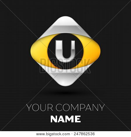 Realistic Silver Letter U Logo Symbol In The Colorful Silver-yellow Square Shape On Black Background