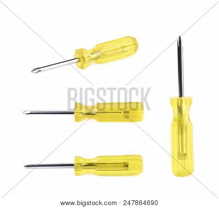 Tiny Crosshead Screwdriver With A Plastic Yellow Handle, Isolated Over The White Background, Set Of 