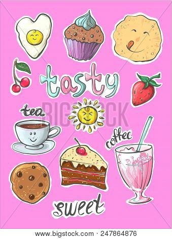 Big Set Of Stickers Of Cute Pancakes And Toasts Of Different Flavors. Choose Your Breakfast Page
