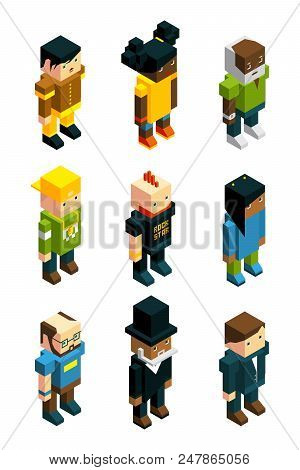 Avatars For 3d Games. Isometric Low Poly People In Various Clothes. Young Poly Man And Woman Minifig