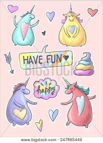 Set Of Funny Cartoon Magic Unicorns. Patch, Badge Sticker. Collection Of Icons, Pattern For Clothes,