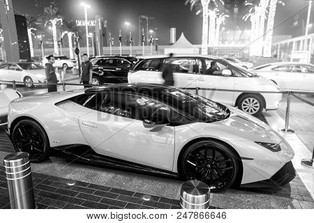 Dubai, Uae - December 23, 2017: Supercar Lamborghini Huricane Greeen Color Parked Next To Dubai Mall