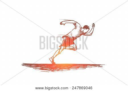 Runner, Start, Explosive, Man And Distance Concept. Hand Drawn Athlete Running Fast Concept Sketch. 