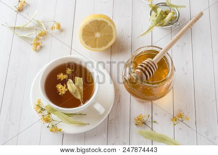 Tea With Linden, Honey And Lemon. Healthy Food, Treatment Of Colds