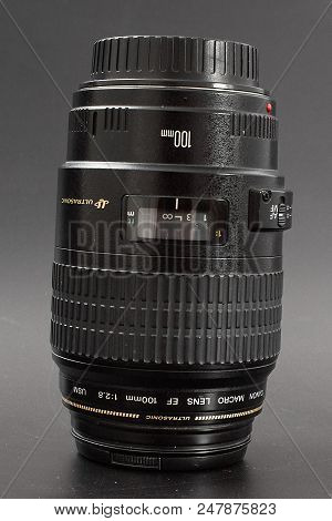 Gomel, Belarus - July 2, 2018: The Canon 100mm On A Black Background