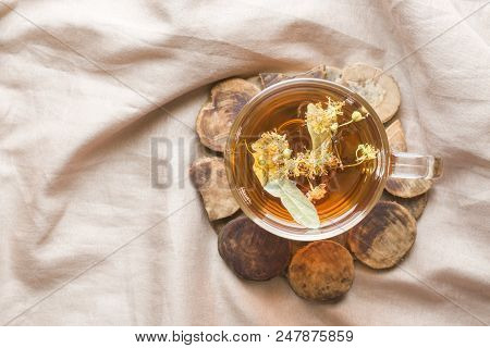 Tea With Linden. The Tray On The Bed, The Concept Of The Treatment Of Colds