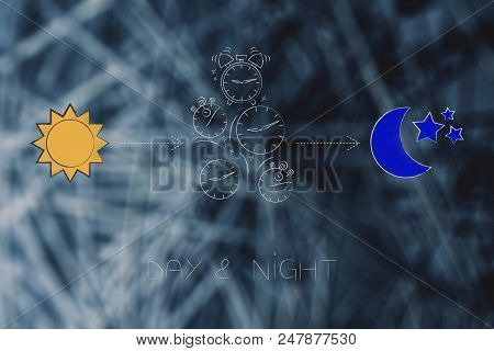 Working Shifts Conceptual Illustration: Day And Night Icons With Sun And Moon And Group Of Falling C