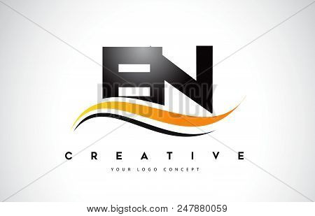 En E N Swoosh Letter Logo Design With Modern Yellow Swoosh Curved Lines Vector Illustration.