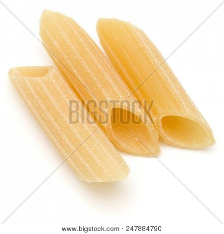 Italian pasta isolated on white background. Pennoni. Penne rigate.
