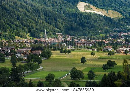 Cityscape Of The Small Town Of Pinzolo In Rendena Valley. Trentino Alto Adige, Italy, Europe