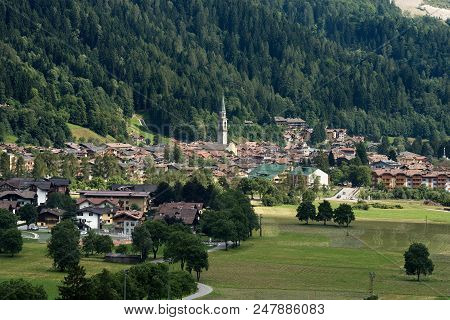 Cityscape Of The Small Town Of Pinzolo In Rendena Valley. Trentino Alto Adige, Italy, Europe