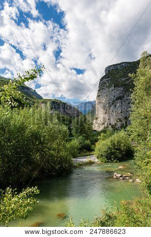 The Sarca River Near The Small Village Of Sarche In Trentino Alto Adige, Italy, Europe