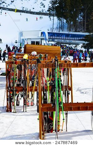 Bansko, Bulgaria - December 16, 2017: Skies At Bunderishka Polyana, Skiers On Ski Slopes, Mountain W