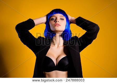 Portrait Of Hot Confident Bitch Successful Proud Chick Arrogant Woman With Big Boobs In Black Jacket