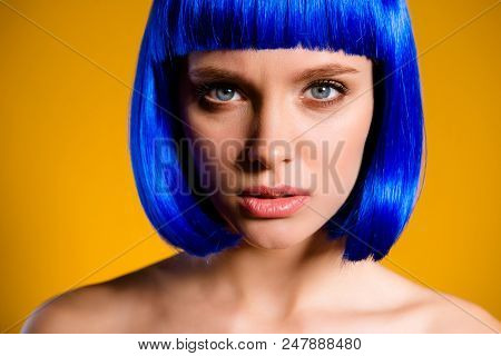 Close Up Cropped Portrait Of Charming Pretty Girl In Blue Wig Modern Hairdo Serious Sight Isolated O