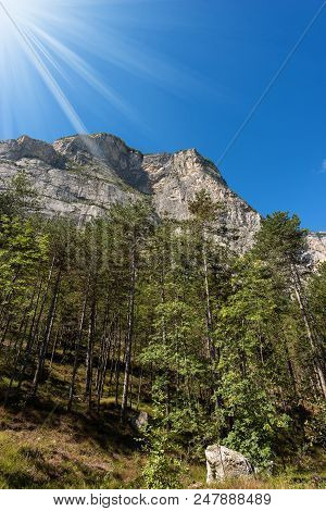 Forest And Mountains In Sarca Valley (valle Del Sarca) Near Arco And The Lake Garda In Trentino Alto