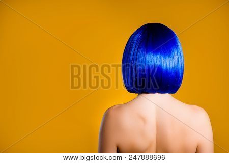 Portrait With Copy Space Empty Place For Product, Rear View Of Woman In Vivid Blue Wig With Modern H
