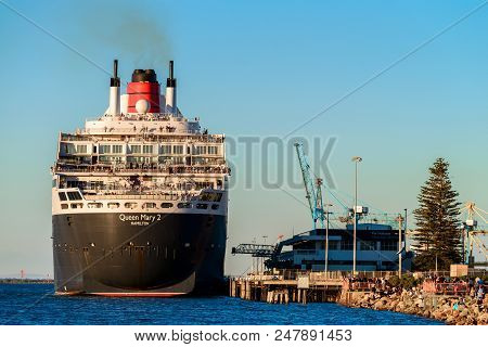 Adelaide, Australia - February 16, 2018: Cunard Line Rms Queen Mary 2 With People On Board Ready For