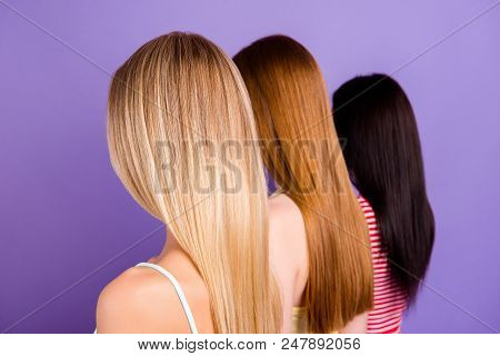 Rear View Portrait Of Trio With Different Hair Color After Haircut In Beauty Salon Isolated On Vivid