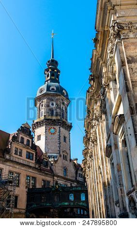 Close-up View Of The Hausmannsturm Tower In Dresden Castle, Located Near Hofkirche Cathedral. German
