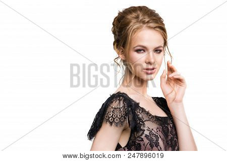 Portrait Of A Beautiful Fashion Model In Black Lace Dress Isolated On White Background