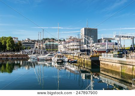 Vigo, Spain - May 20, 2017: Boats Moored In The Port Of Vigo, Galicia, Spain. The Real Club Nautico 
